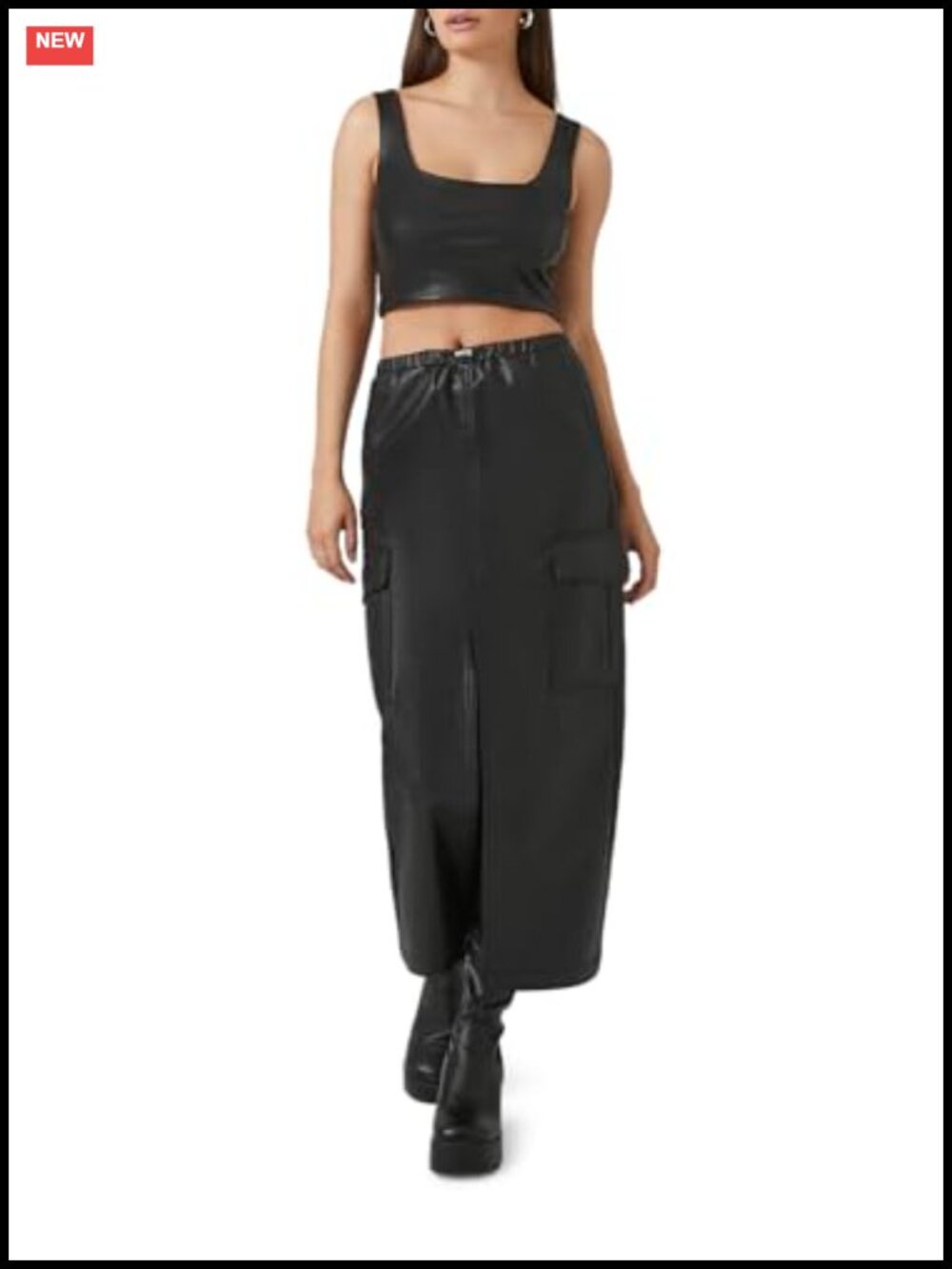 Faux Leather Maxi Slit Skirt with Drawstring Waist and Cargo Pockets